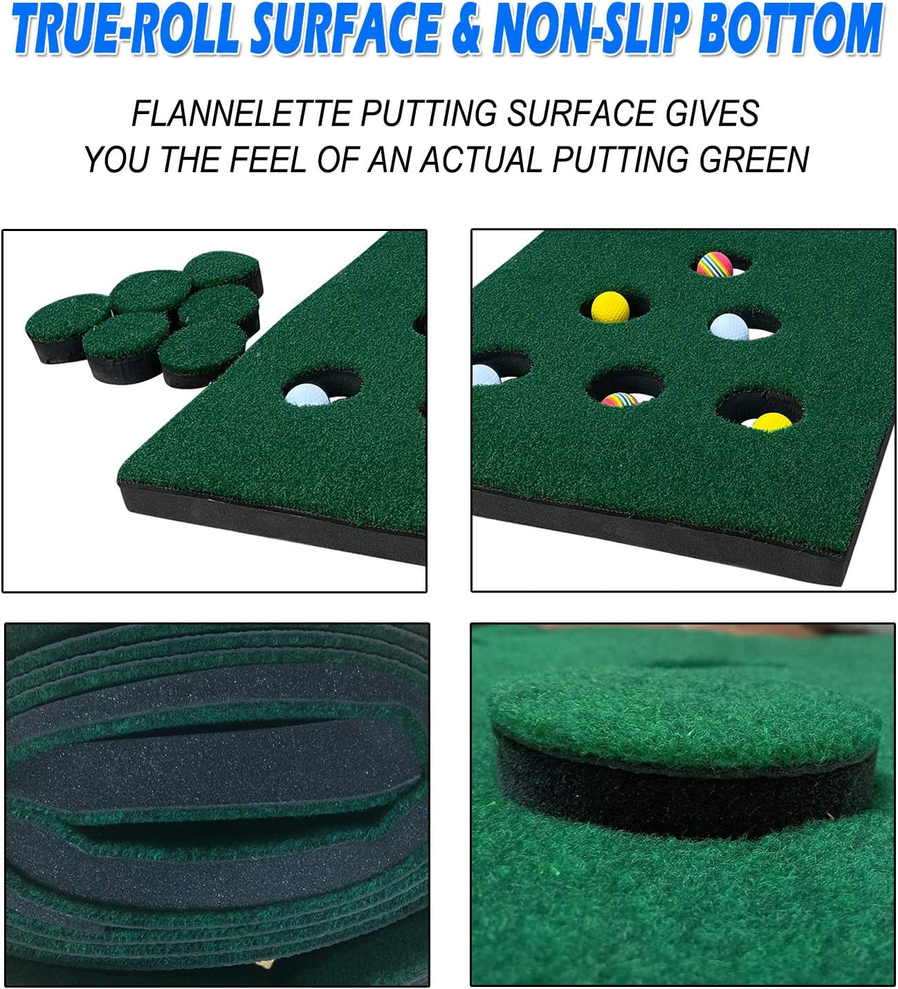 Golf Putting Green Mat, Home Golf Putting Mats, Foldable Golf Mat Golf Training Aid Practice Mat, Golf Putting Game Set with 6 Golf Balls 12 Hole Covers, Golf Gifts, 9.84Ft X 1.64Ft (Flannelette)