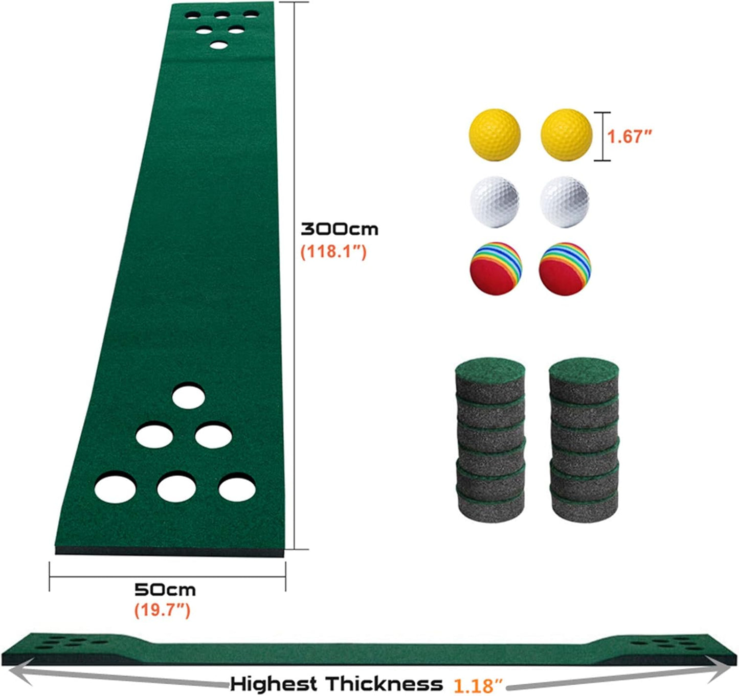 Golf Putting Green Mat, Home Golf Putting Mats, Foldable Golf Mat Golf Training Aid Practice Mat, Golf Putting Game Set with 6 Golf Balls 12 Hole Covers, Golf Gifts, 9.84Ft X 1.64Ft (Flannelette)